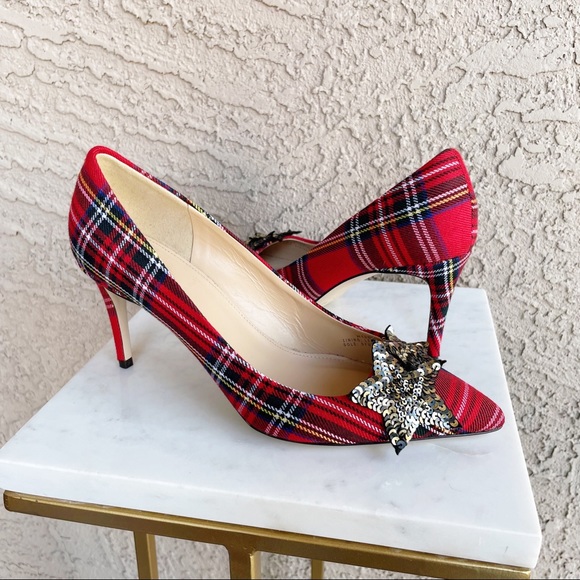 J. CREW COLLECTION Tartan Plaid Silver Sequin Star Pointy Toe Lucie Pumps Heels - Picture 11 of 13